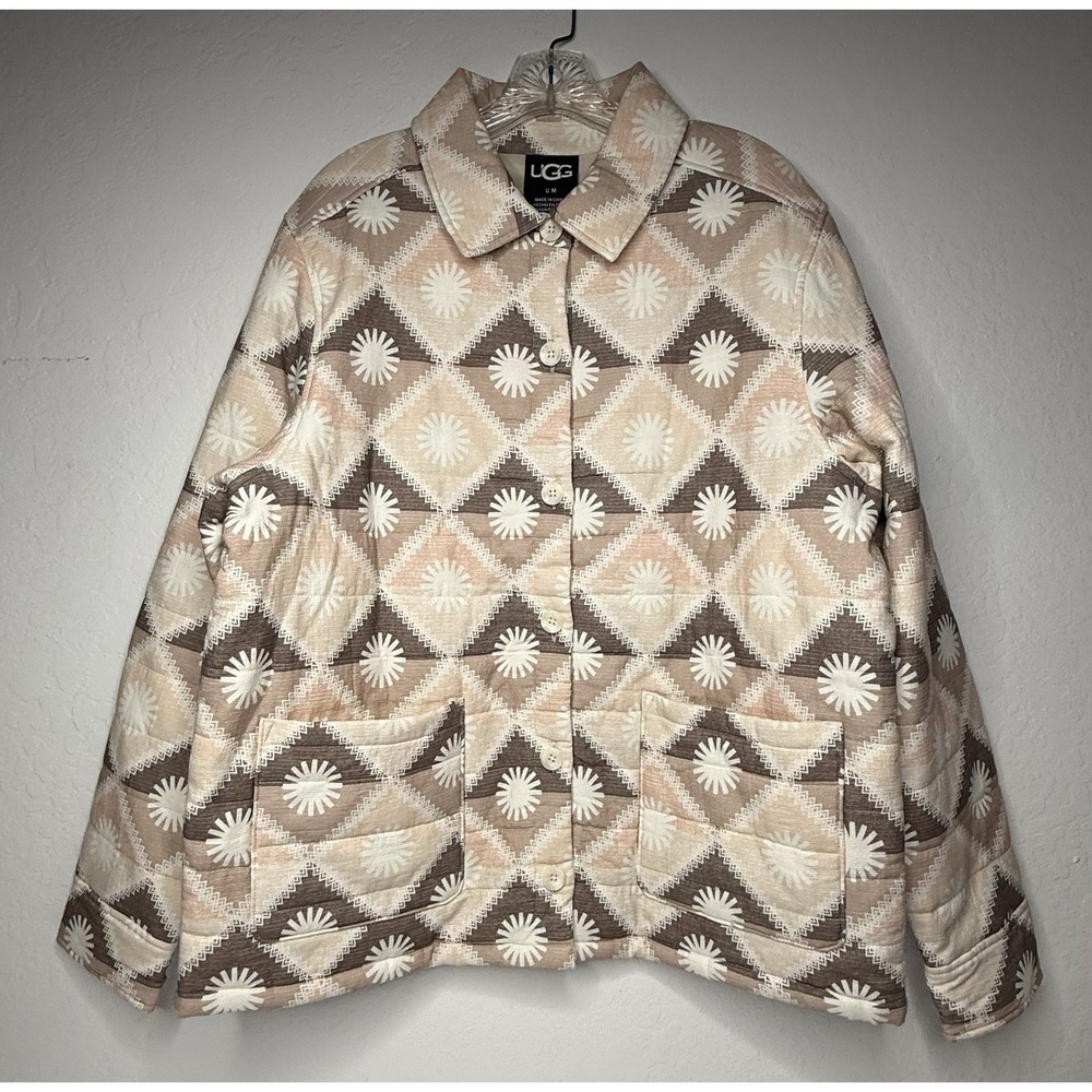 UGG Sun Shirt Jacket ButtonUp Unisex Medium Pink Tan‎ Cozy Chunky Oversized New